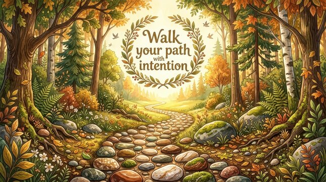 Enchanting autumn forest path with inspirational quote "Walk your path with intention" surrounded by vibrant foliage and sunlight.