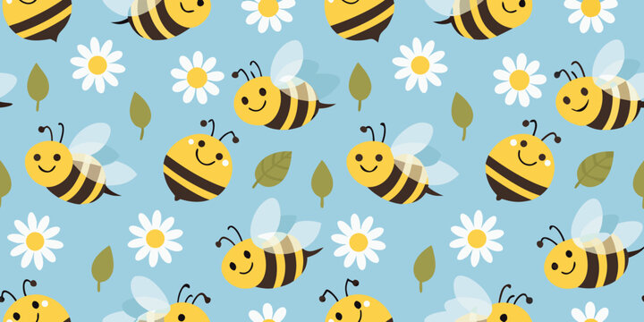 Bee and daisy floral pattern on a light blue background
