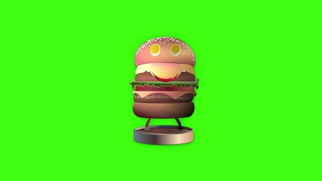 3D burger animation with cartoon style, meat or beef or chicken large burger in green screen background