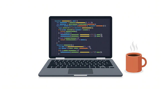 Laptop displaying colorful programming code on its screen with a steaming coffee mug beside it, isolated on a white background