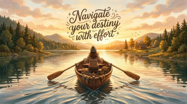 Serene sunrise over calm lake with person rowing boat, inspiring quote 'Navigate your destiny with effort'