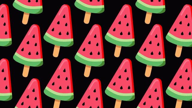 Colorful watermelon-shaped popsicles arranged in a playful seamless pattern on a black background, creating a vibrant summer food texture