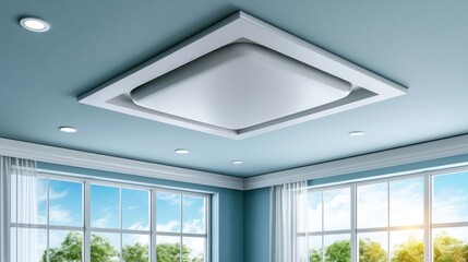 Fototapeta premium Modern Concealed Gypsum Ceiling Panel with Access Feature in Bright Room and Large Windows