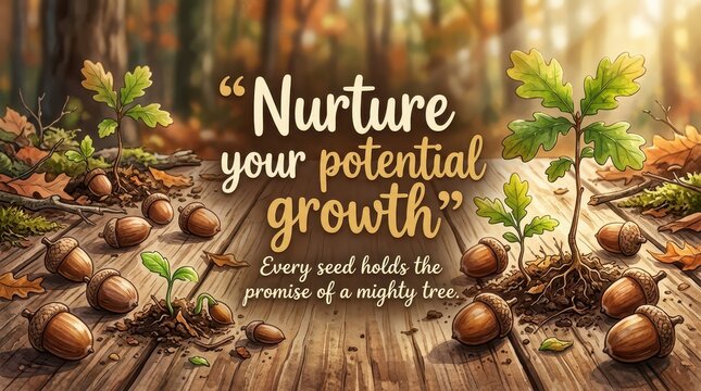 Nurture your potential growth quote with acorns and young oak saplings on wooden planks in a forest