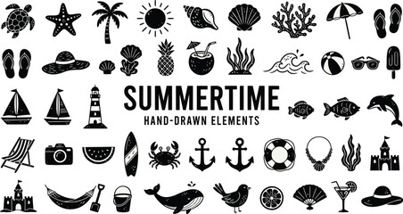 Fototapeta premium Summertime icons feature a collection of hand-drawn illustrations representing beach activities, marine life, and tropical vacation themes.