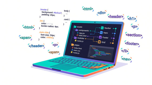 Laptop displaying web development code and file structure with HTML CSS tags floating around a modern programming concept