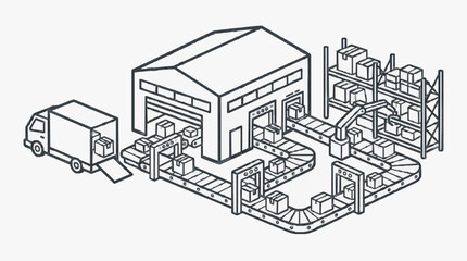 Obraz premium Industrial Black and White Line Drawing of Modern Warehouse with Conveyor Belt Forklift Delivery Truck and Storage Racks