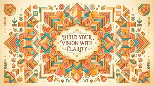 Geometric pattern with motivational quote "Build Your Vision with Clarity" in warm colors