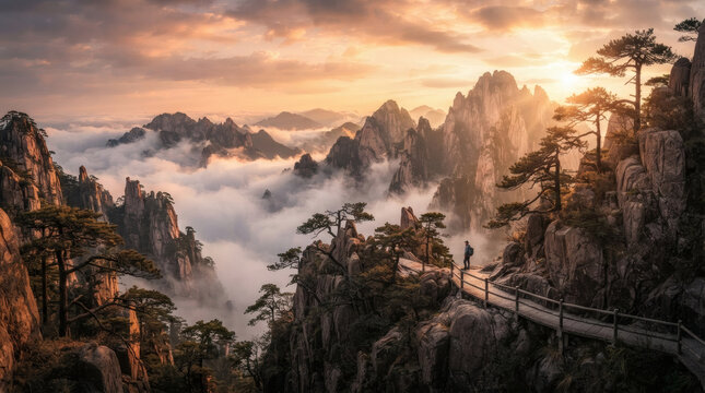 Hiker on Misty Mountain Path at Sunrise Over Huangshan Pine Peaks and Sea of Clouds