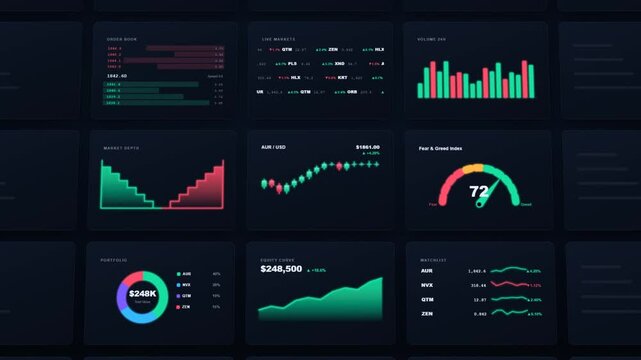 Animated trading dashboard with candlestick charts order book and market data on dark screen