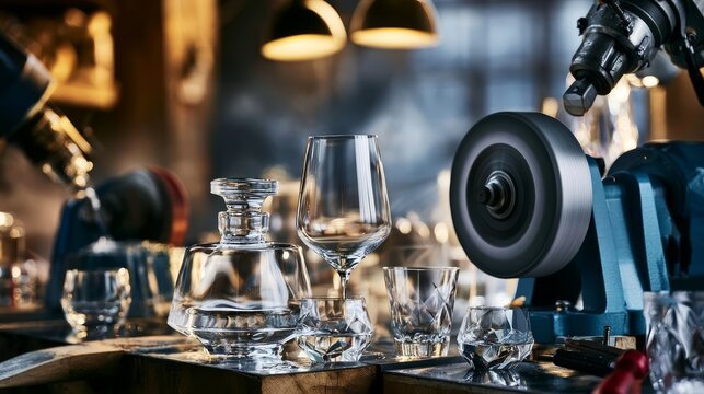 Elegant Glass Finishing Workshop Featuring Diamond Tools for Crystal Crafting and Polishing Techniques