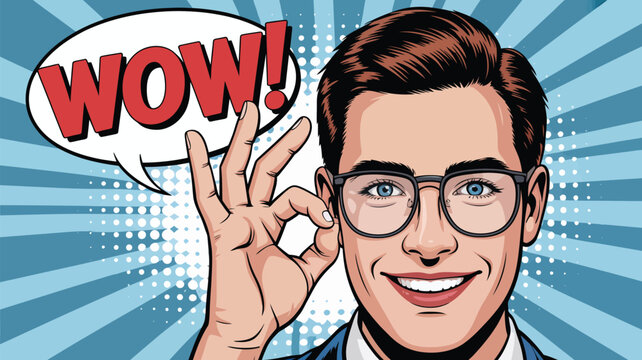 Smiling man wearing glasses making OK gesture with WOW speech bubble