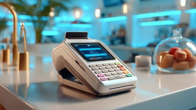 Contactless Payment Terminal Ready for Service: A modern point-of-sale device sits on a counter, its screen illuminated, ready to process transactions in a sleek, contemporary setting.