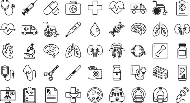 Medical and healthcare icon set with line art style symbols