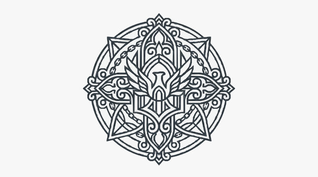 Industrial Black and White Intricate Celtic Knotwork Pentagram Symbol with Gothic Architecture Elements