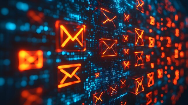Digital interface displaying glowing email icons on a futuristic blue-orange circuit background representing digital communication, data flow, and online messaging systems for tech and IT concepts.