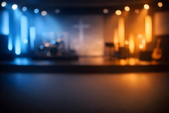 blurred christian church worship stage with glowing cross and candle lights for sermon livestream bible presentation prayer and worship background