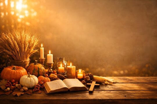 christian thanksgiving harvest table with candles wheat and warm golden light