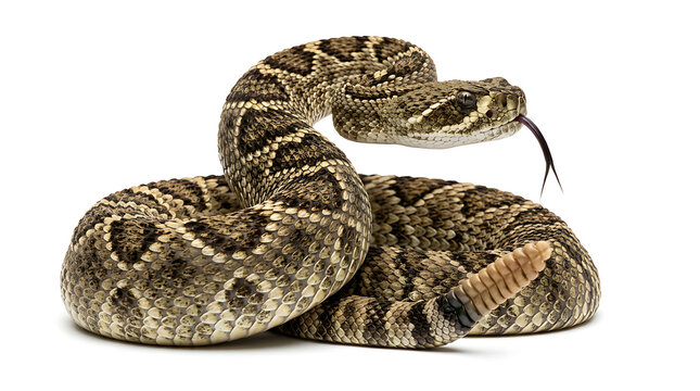 Diamondback rattlesnake coiled with tongue flicking 1