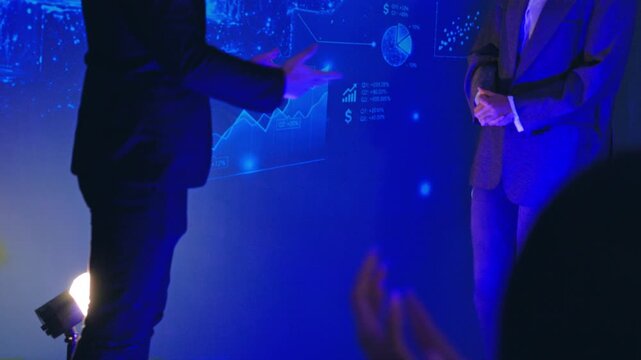 Business Handshake Agreement Partnership Finance Chart Meeting Corporate Investor Success With Blue Stock Graph Presentation Hologram Data Audience Conference Discussion