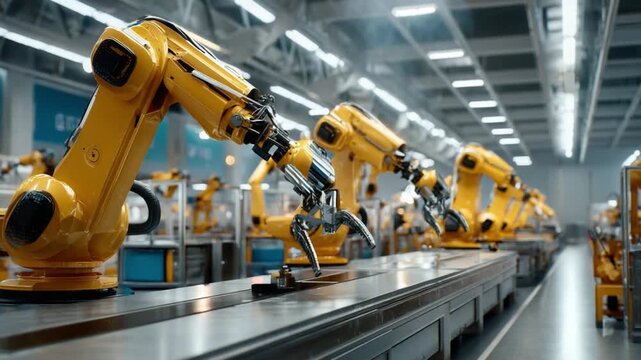Automated Production Line: A row of robotic arms working in perfect synchronicity on an assembly line in a modern factory, showcasing the efficiency and precision of industrial automation.
