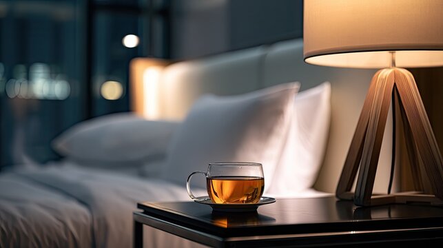 Cozy bedroom scene with a warm lamp, a cup of tea, and a plush bed