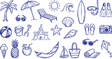 beach vacation doodle icons with palm tree, sunglasses, umbrella, and seashell © Tahara