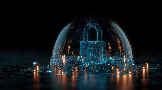 Digital padlock glows within a protective digital shield with scattered lights