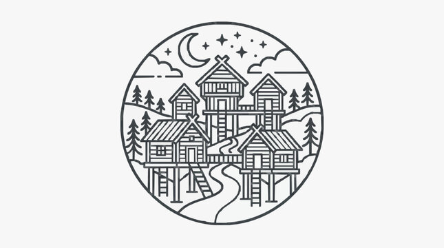 Industrial Style Black and White Line Art of Stilt Houses in a Forest Setting with Moon and Stars