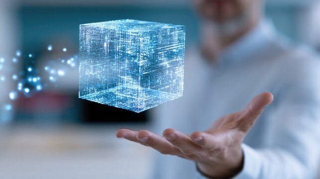 A translucent digital cube hovers over a person's outstretched hand