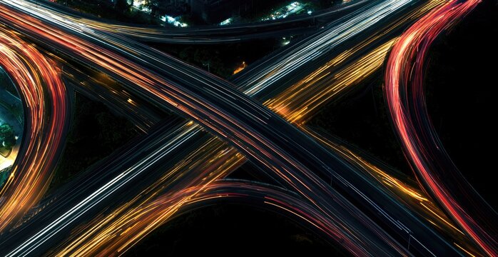 Aerial view of a complex highway interchange at night with light trails