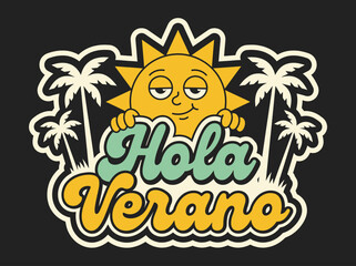 Retro Hola Verano Sun and Palm Trees Vector Sticker Graphic © Sepon