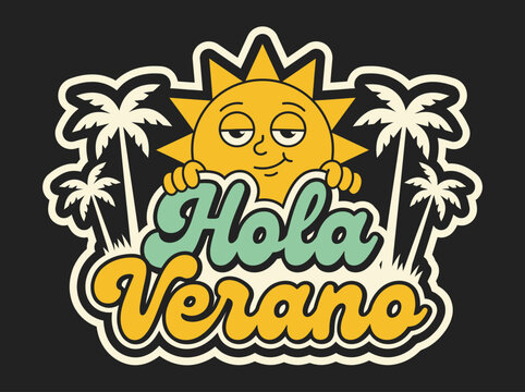 Retro Hola Verano Sun and Palm Trees Vector Sticker Graphic