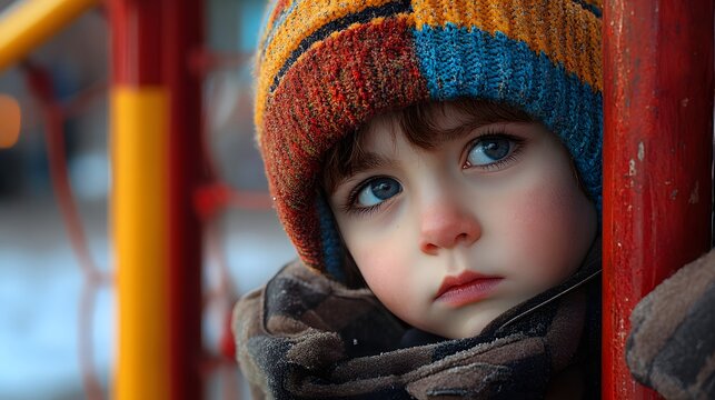 A young child wearing a colorful knit hat peers from behind playground equipment, eyes wide with sadness as they're excluded from a game, capturing emotional social rejection in an outdoor setting.