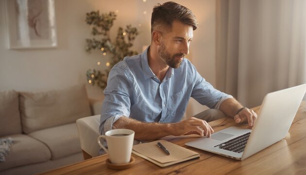 Man in striped shirt working on laptop at wooden desk