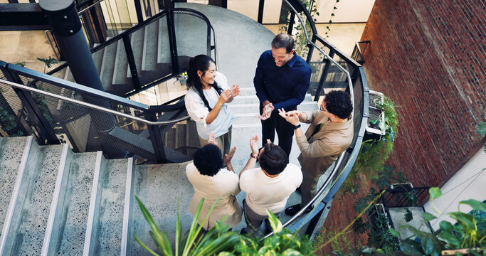 Sustainable, clap or team in agency with success, esg achievement or good news on eco friendly pitch. People, above or csr staff with applause, waste reduction goal or approval on green proposal.
