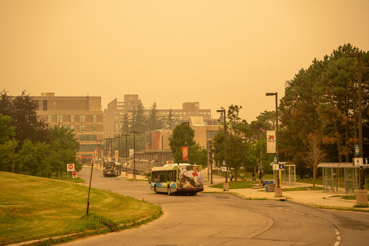 View of the University of Guelph under wildfire smoke. Guelph, Canada - July 17, 2026.