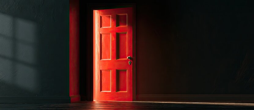 A bright red door, ajar, casts dramatic shadows in a dark room