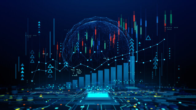 Stock market investment trading graph, Global network line wire frame data business concept, 3D rendering