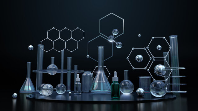 Chemical laboratory glassware equipment on dark background, 3D rendering