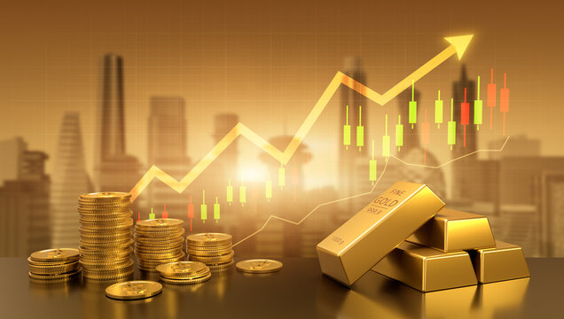 Gold bars financial growth chart with upward arrow background, Global investment market concept, 3D rendering