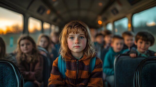 A school bus filled with children one student sits alone amidst laughter and chatter highlighting isolation in group settings suitable for educational themes or classroom dynamics.