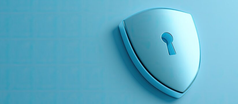 A blue shield with a keyhole is mounted on a textured blue background