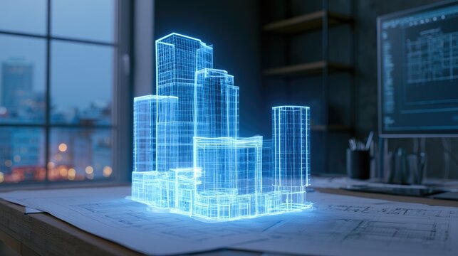 Digital architectural blueprint projection of modern skyscrapers on desk