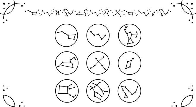 Collection of handdrawn constellation icons and star charts transparent background