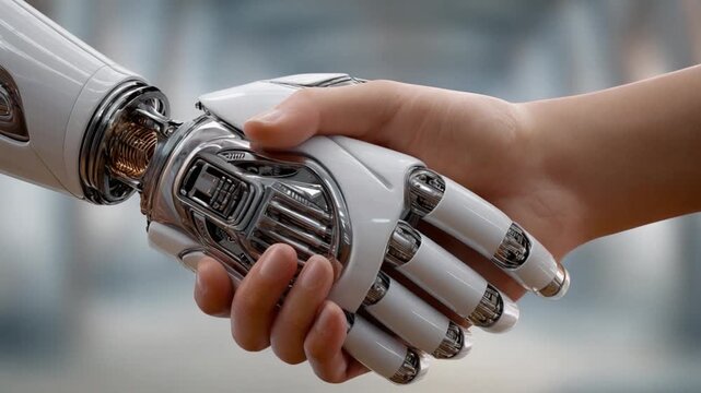 Robot and Human Handshake: A symbolic handshake between a robotic hand and a human hand, representing the convergence of technology and humanity, innovation, and future collaboration.