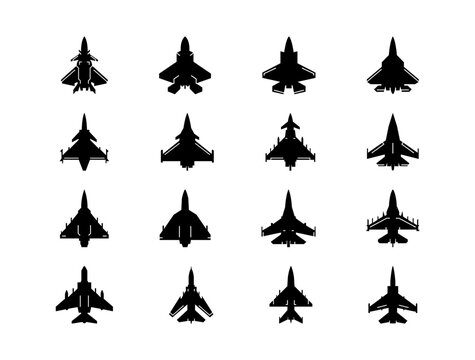 Aircraft Icons Solid style, collection of modern fighter jets, military aircraft, and aviation silhouettes, ideal for defense, aerospace, transportation, and aviation designs.