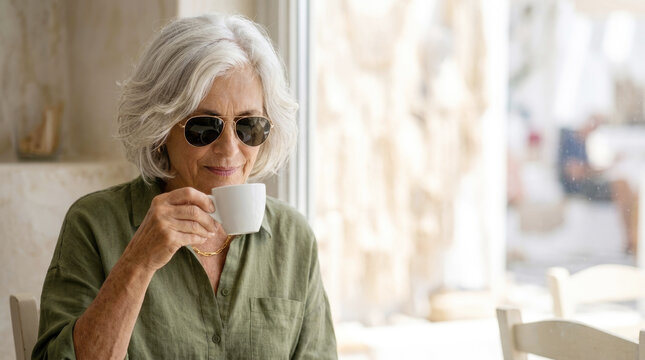 Senior elegant woman wearing sunglasses drinking coffee in bright outdoor cafe summarizing leisure and premium lifestyle