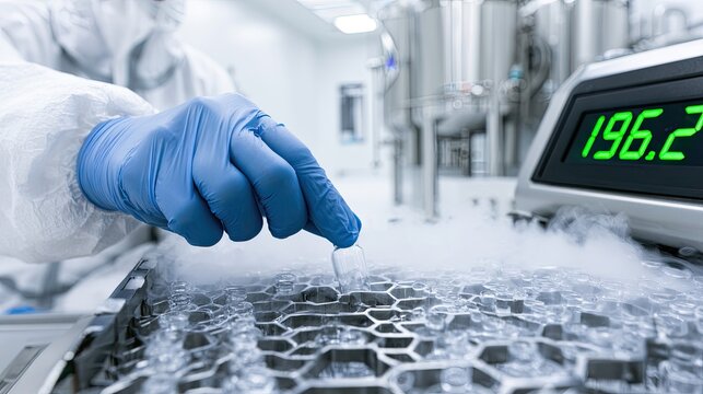 Person in protective suit handles cryogenic samples in sterile lab