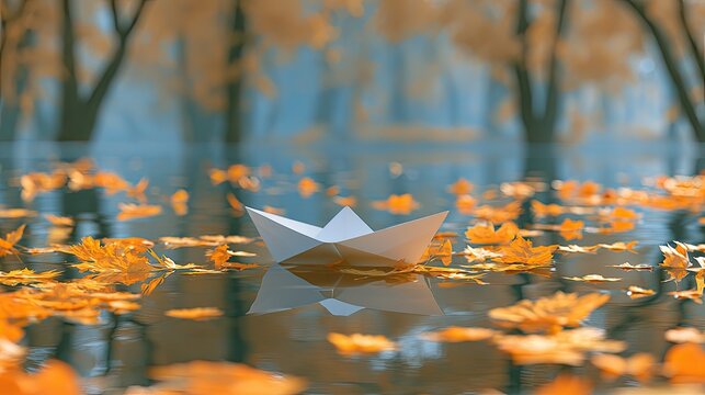 Delicate paper boat floats on calm water amid falling autumn leaves